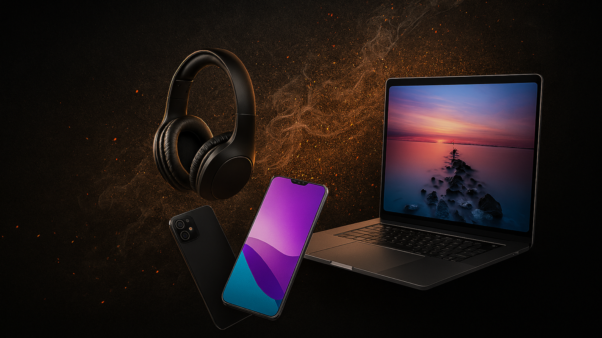 Laptop, smartphone, and headphones on a dark background with a starry space design.