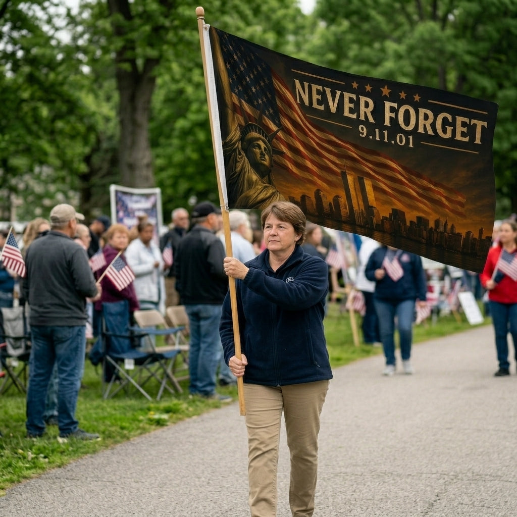 Never Forget 9/11 Memorial Double-Sided Flag  — A Tribute to Remembrance, Patriotism & Unity