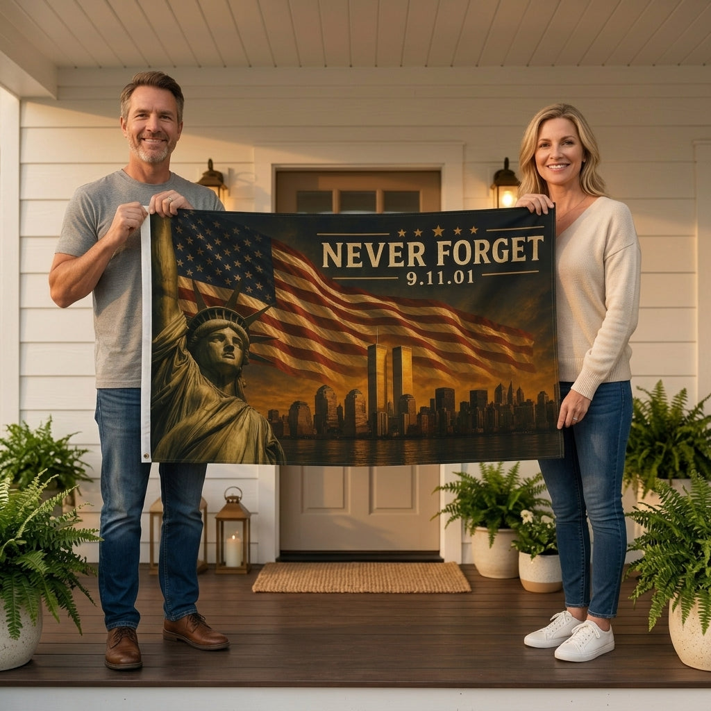 Never Forget 9/11 Memorial Double-Sided Flag  — A Tribute to Remembrance, Patriotism & Unity