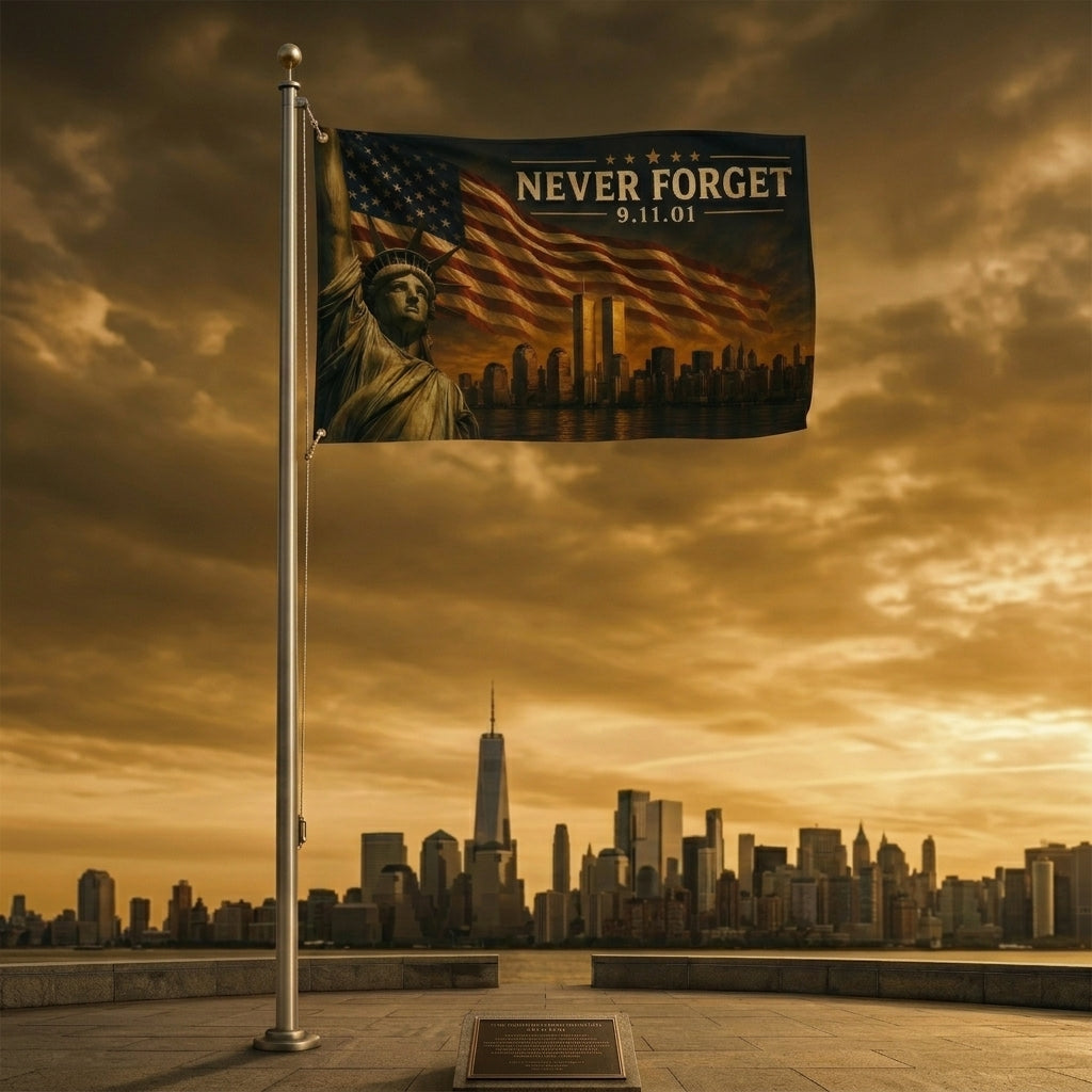 Never Forget 9/11 Memorial Double-Sided Flag  — A Tribute to Remembrance, Patriotism & Unity